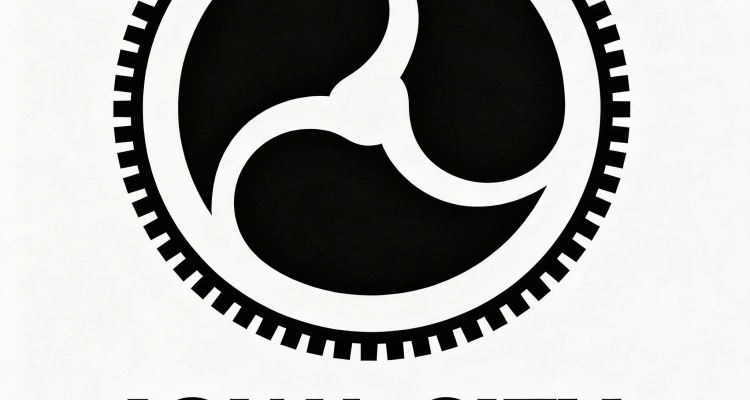 Black-and-white logo of a gear with three curved shapes inside; bold text below reads IOWA CITY PRESS CO-OP.