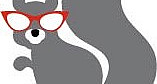 A cartoon of a gray squirrel with a big tail, wearing red glasses.